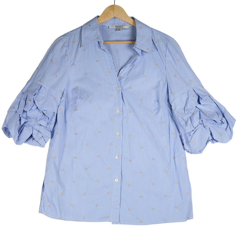 Badgley Mischka Womens Blue White Striped Embroidered Ruffle Sleeve Shirt Size 2